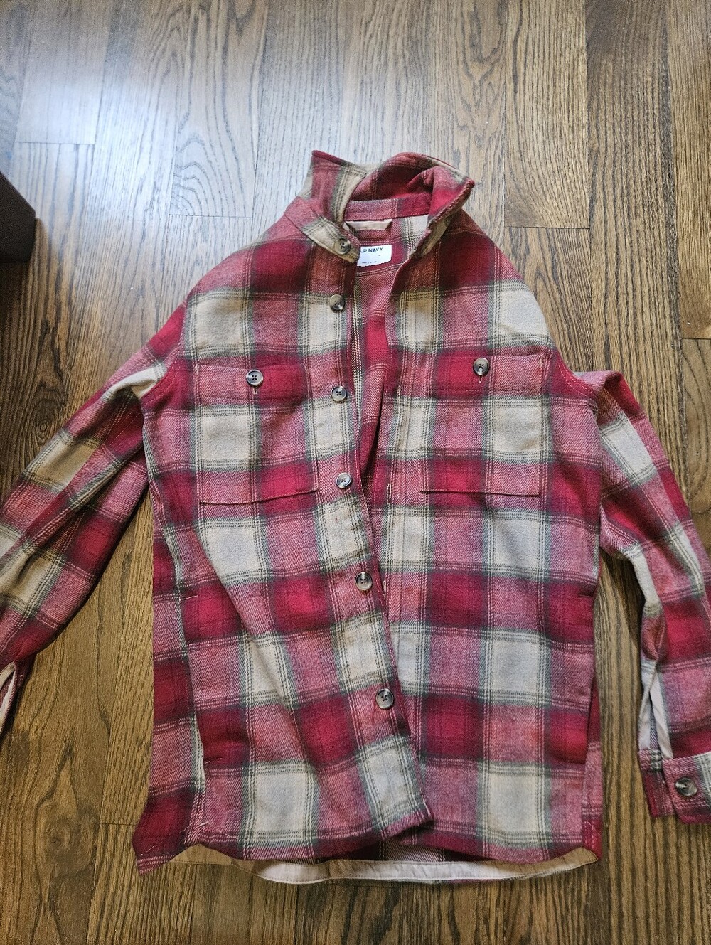 Red and Tan Plaid Button-Up Shirt